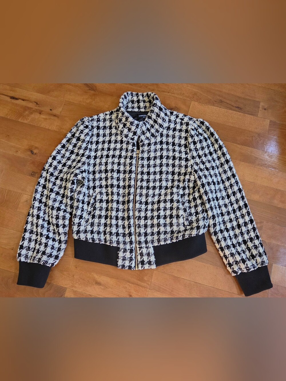 Generation LOVE Cropped Houndstooth Zip-Front Jacket - Black & White, Sz Lg